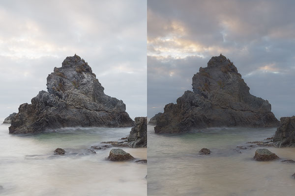 Notice all the nice detail in the rock on the left, which is the original "bright" exposure. In this example, I blended it with a dark exposure to recover highlight detail in the sky and clouds. But as a result, lots of the contrast in the rock has been lost leaving it all "mushy". Again, I've over-exaggerated the effect here just to make the point, but hopefully this now helps you know what to be on the lookout for!